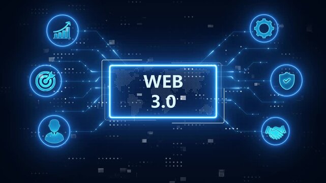 Web 3.0 icon set banner. Semantic Web, Metaverse, 3D Graphics, Connectivity (Ubiquity), Decentralization, Digital Identities, Micropayments, AI, Big Data, Blockchain.