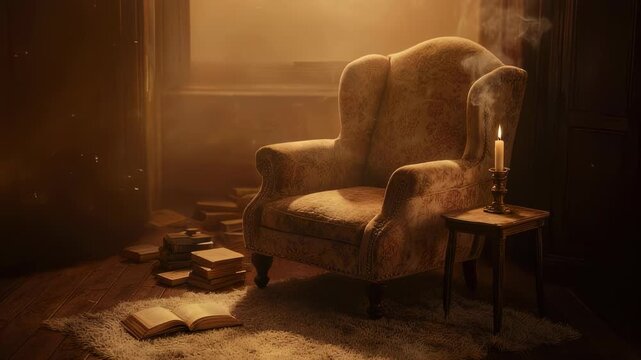 A cozy, candle-lit library setting with a plush armchair and books, steeped in warm, hazy light