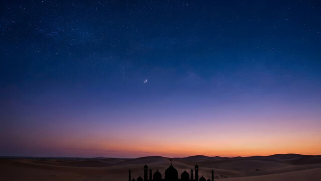 Wide panoramic landscape of a desert at twilight, silhouette of a mosque cityline on the very bottom horizon