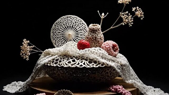 Elegant still life composition featuring decorative lace, ceramic objects, and delicate floral accents against a dark background.