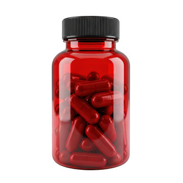 Vibrant red translucent bottle filled with numerous dark red capsules and black cap, isolated on transparent background.