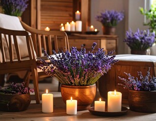 Lavender Flowers and Candles in Cozy Room Setting.