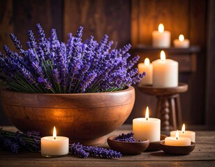 Lavender Flowers and Candles in Wooden Bowl.