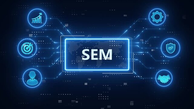 SEM - Search Engine Marketing concept. Advertisements, Campaigns, content, Clicks, Conversions, Budget, Analytics, Optimization.