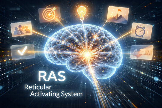 RAS Reticular Activating System Brain Concept With Goal Icons And Glowing Neural Connections.
