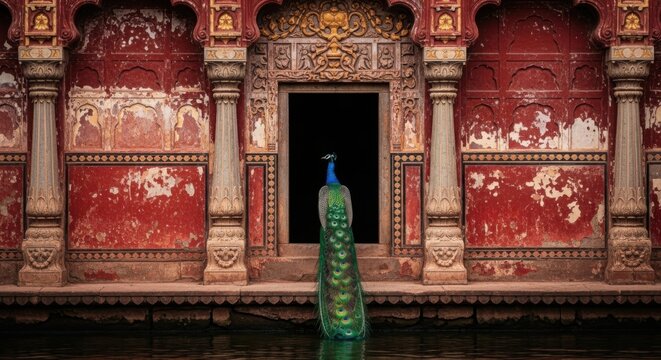 Majestic peacock standing in front of ornate Indian palace doorway