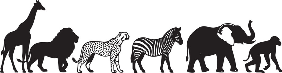 Fototapeta premium Silhouettes of Giraffe Lion Cheetah Zebra and Elephant Standing in a Row on White Background also transparent background
