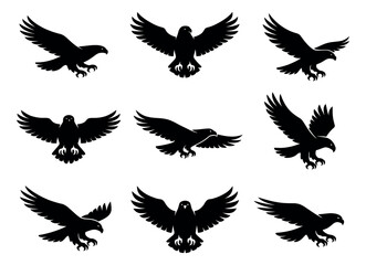 Obraz premium Black eagle silhouette set featuring predatory birds in various flight poses for logos and designs