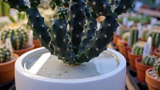 Close Up of Prickly Pear Cactus Growing in Water, in Pot at Nursery