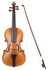 Violin with bow isolated on white background, classic string musical instrument for orchestra, classical music, education, performance, and elegant artistic concepts.PNG File.