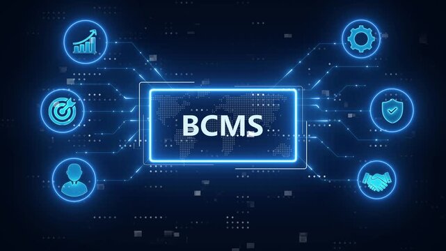 BCMS - Business Continuity Management System concept.blue Neon digital technology background