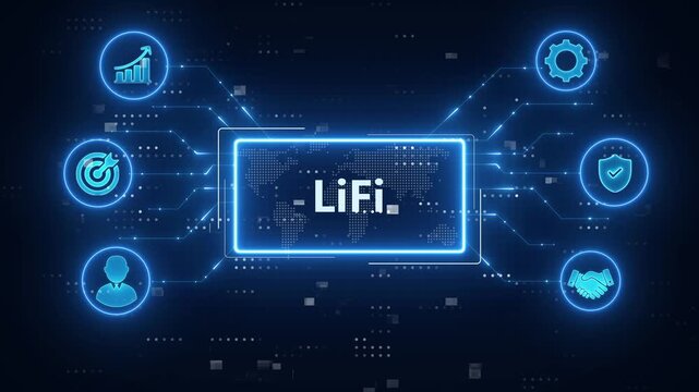 LiFi (Light Fidelity) Features icons set infographics background.blue Neon digital technology background