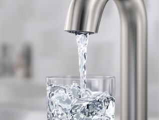 Clean water pouring from faucet into glass