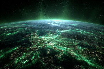 Stunning green earth from space with glowing city lights and vibrant atmosphere