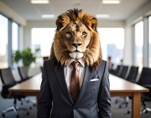 Lion in Suit Standing in Conference Room.