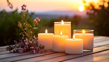 Lit Candles on Wooden Table at Sunset.