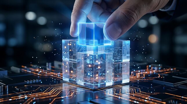 Futuristic Hand Interacts with Glowing Blue Cube on Circuit Board