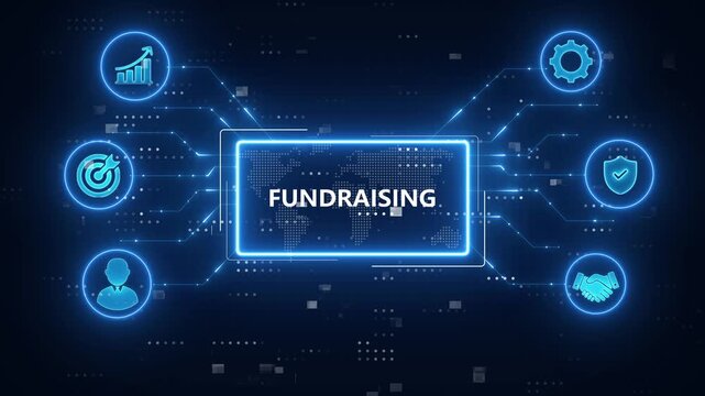Fundraising concept.10 Common Funding Sources.Blue Neon Digital Technology Background