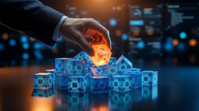 Businessman Placing Glowing Crystal Cube on Stack of Digital Blocks.