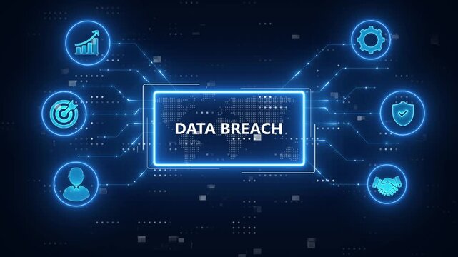 Data Breach concept and Most Common Causes vector icons set infographic background.Blue Neon Digital Technology Background