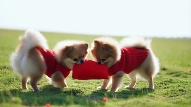Two pomeranians in red sweaters tug a heart plush toy on a sunny meadow, capturing playful competition and joyful bonding concept