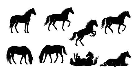Koleksi siluet kuda hitam dalam berbagai pose.