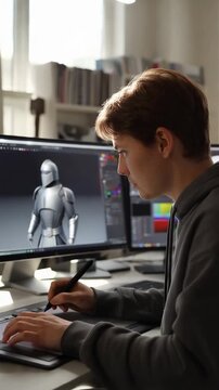 A Young Artist Engaged in Digital Sculpting, Creating a Detailed Knight Character Model Using a Graphics Tablet in a Modern Workspace with Multiple Monitors.