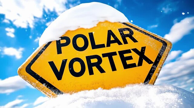 Snow-covered polar vortex sign against bright blue sky