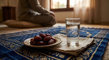Muslim breaking fast with dates and water on prayer mat.