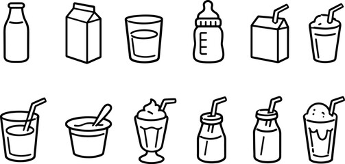 Set of black line icons representing different beverages including coffee cup, takeaway coffee, iced drink, cocktail, wine glass, beer mug, juice, milkshake, tea cup, and tropical drink. Minimalist ou