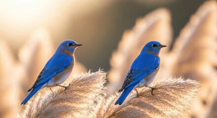 Fototapeta premium Two vibrant bluebirds perched on cattails in warm sunlight
