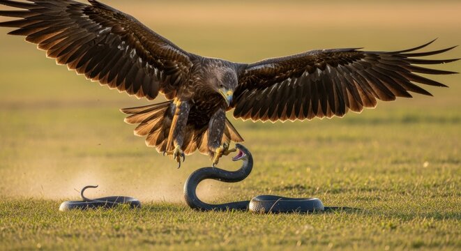 Eagle swooping down to catch snake in open field