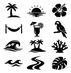 Obraz premium Graphic tropical icon set featuring palm trees, sunset, and beach elements for summer holiday projects