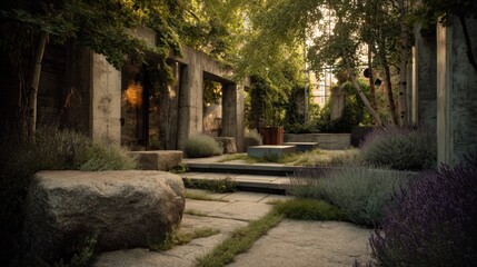 Fototapeta premium Tranquil modern courtyard with lush greenery and stone pathway