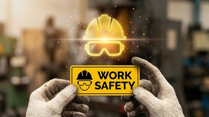 Hands Holding Work Safety Sign with Hard Hat and Goggles Icon.