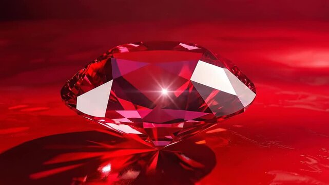 Close-up of a faceted ruby gemstone, reflecting light on a glossy red surface.