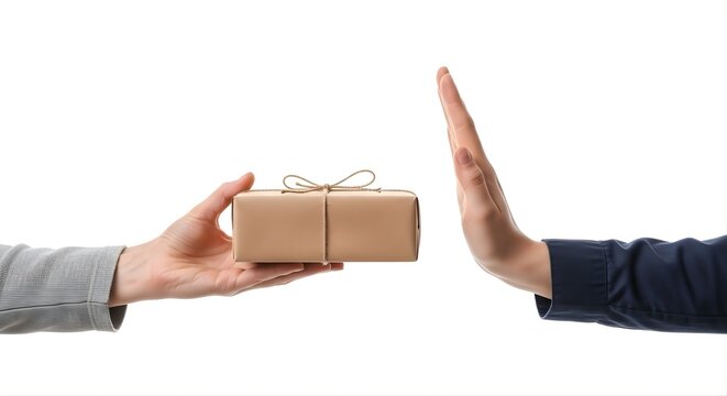 A person's hand refusing a brown wrapped gift from another person on white background.
