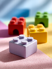 Fototapeta premium Colorful toy blocks on pastel surface under soft lighting