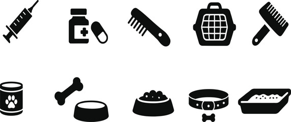 Obraz premium Set of pet care vector icons featuring syringe, medicine, comb, carrier, brush, can food, bone, bowl, collar, and litter box