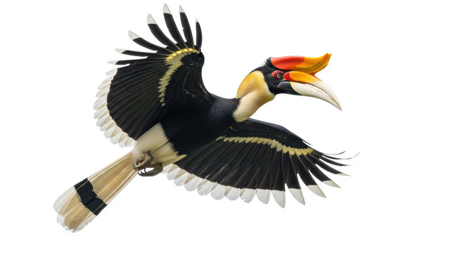 Majestic exotic hornbill flying, spread black wings, massive orange-red casque, detailed ivory beak, isolated on transparent studio background. Dynamic wildlife photography concept