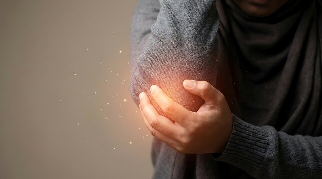 Close-up of a person experiencing elbow pain with glowing inflammation.