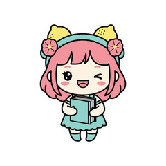 Fototapeta premium Cute Girl with Pink Hair Holding Book