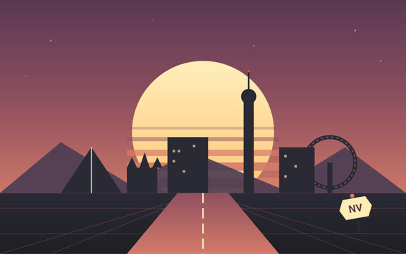 Las Vegas Strip Nevada Sunset Illustration &ndash; Minimalist Vector Art of Iconic Vegas Skyline with Desert Road, Retro Sun, Modern Flat Design Cityscape and Travel Artwork