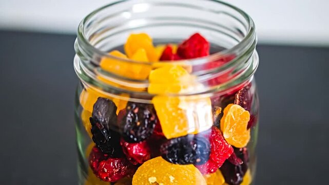Close-up of a glass jar filled with mixed dried fruits, arranged in a vibrant composition
