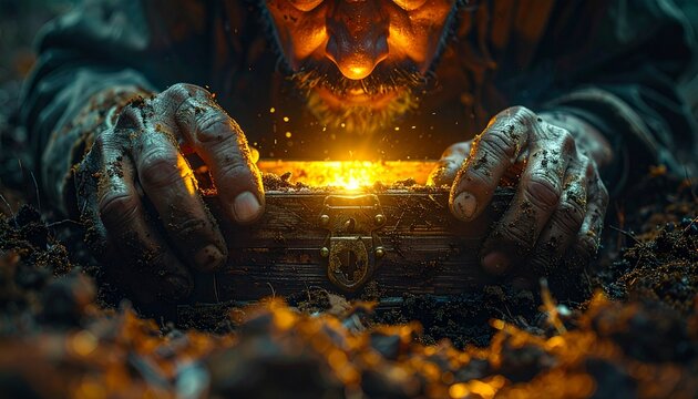 Close-up photo of a man&rsquo;s hands digging frantically in dark soil. Semi-realistic scene emphasizing urgency, tension, and raw physical effort in a gritty, moody atmosphere.