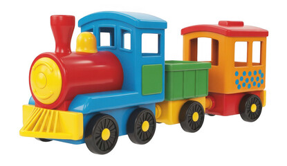 Naklejka premium Colorful toy train with two cars plastic play isolated on a transparent background