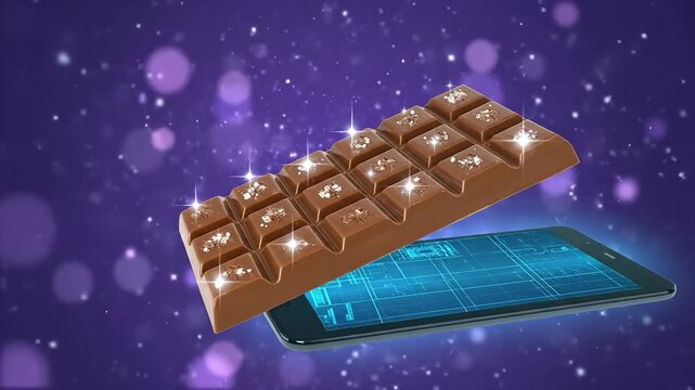 A chocolate bar with sparkling embellishments resting on a smartphone against a starry, purple backdrop