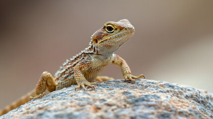Fototapeta premium Close-up of a small desert lizard perched on a textured rock with a blurred natural background