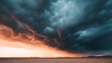 Obraz premium Dramatic clouds loom over a vast landscape, showcasing hues of orange and dark blue, creating a striking contrast against the horizon.
