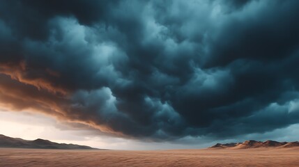 Fototapeta premium A dramatic sky filled with dark clouds looms over a vast, barren landscape, creating an atmospheric and moody scene.